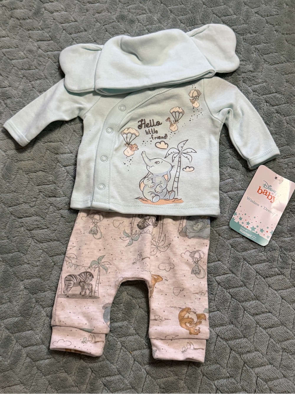 Disney Baby Light Blue Top/Gray Pants. Elephant Three-Piece Set NWT